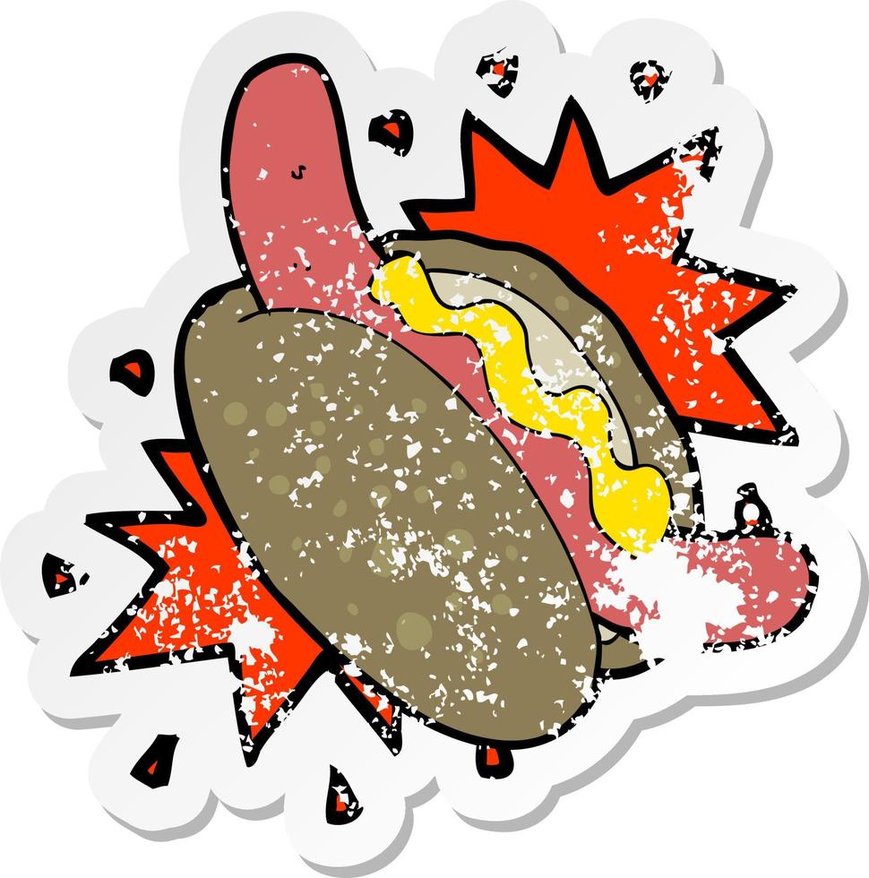 retro distressed sticker of a cartoon hotdog vector