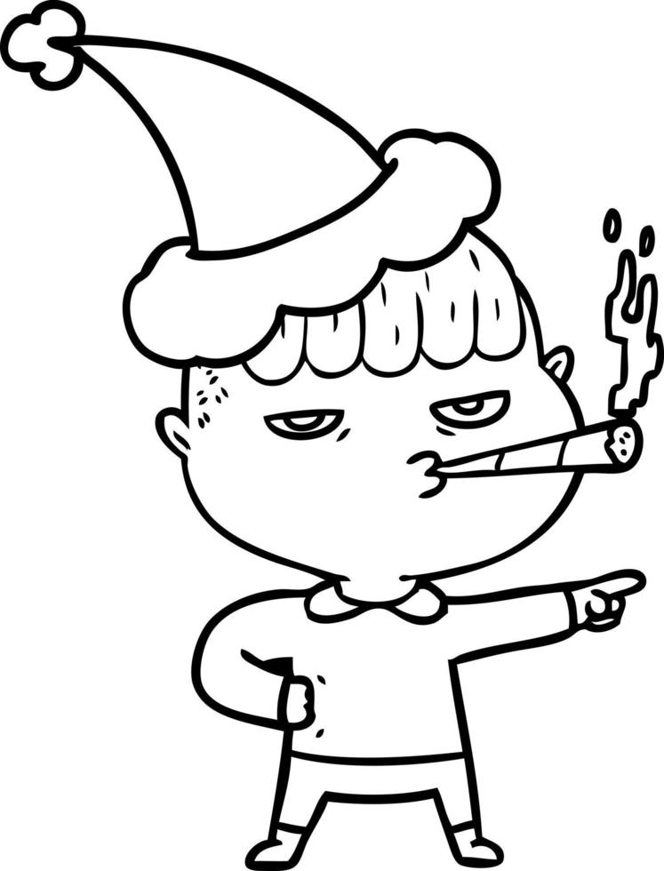 line drawing of a man smoking wearing santa hat vector