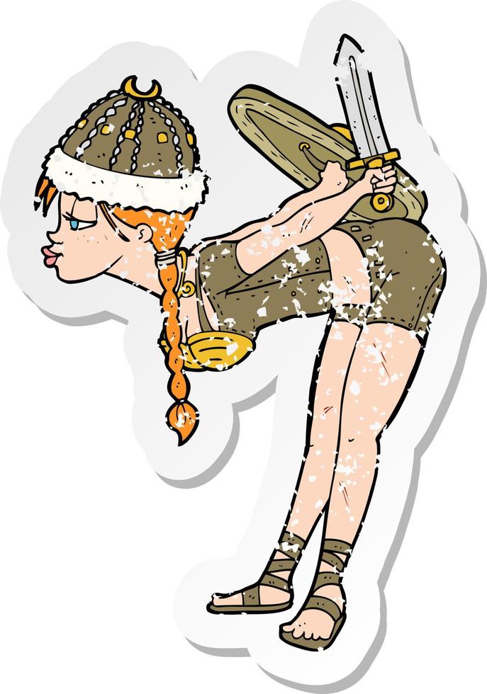 retro distressed sticker of a cartoon viking girl vector