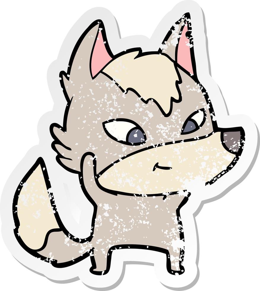 distressed sticker of a friendly cartoon wolf vector