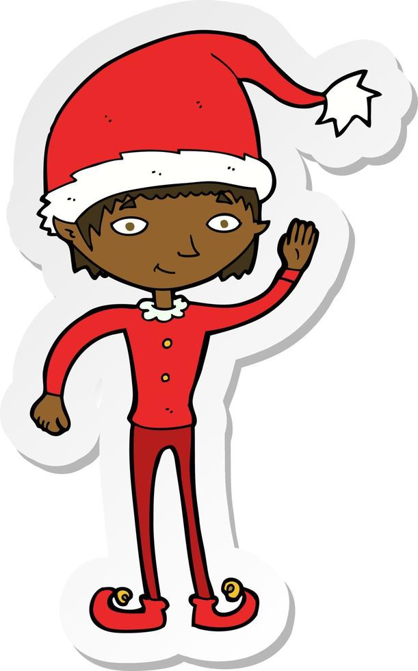 sticker of a cartoon waving christmas elf vector