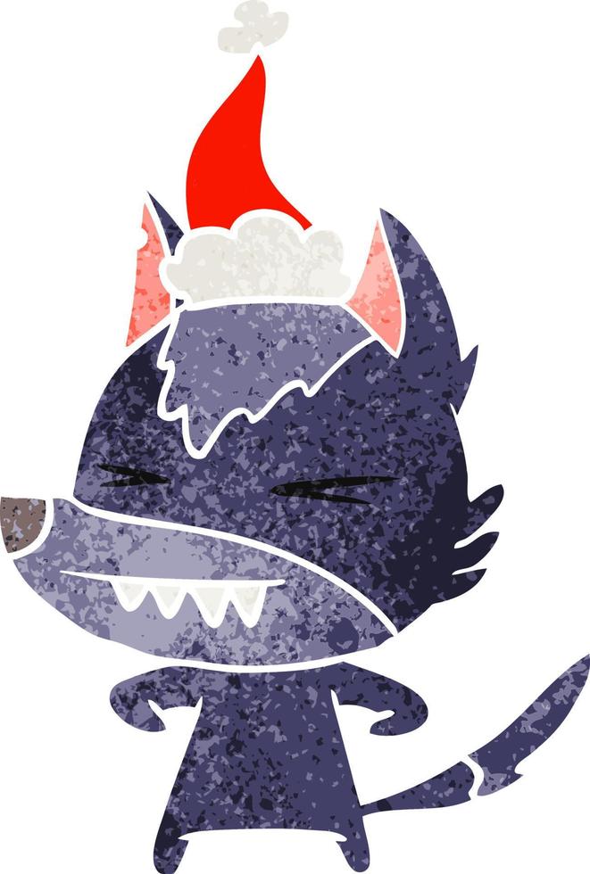 angry wolf retro cartoon of a wearing santa hat vector