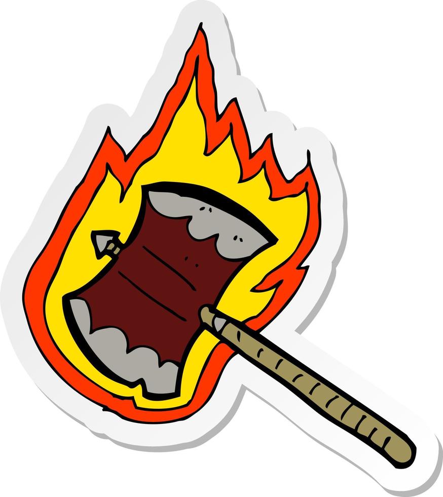 sticker of a cartoon flaming axe vector