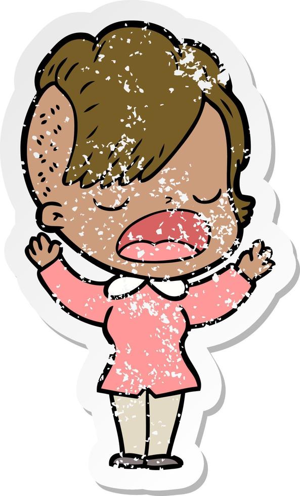 distressed sticker of a cartoon cool hipster girl talking vector