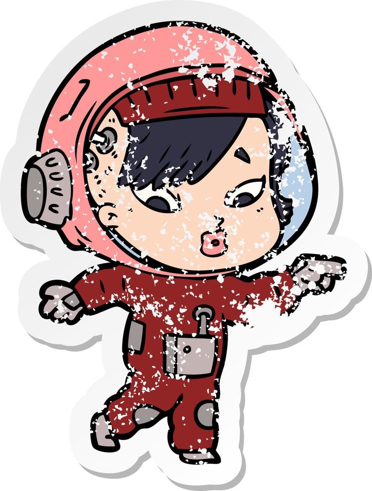 distressed sticker of a cartoon astronaut woman vector