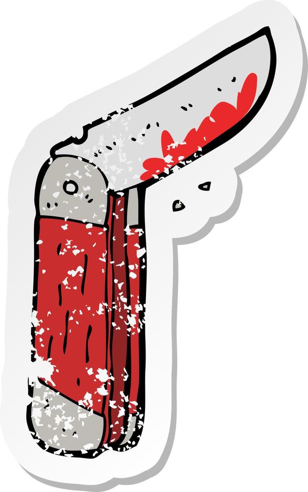 retro distressed sticker of a cartoon bloody folding knife vector