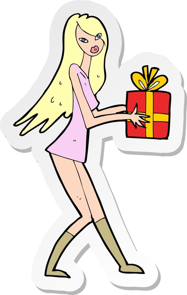 sticker of a cartoon fashion girl with present vector