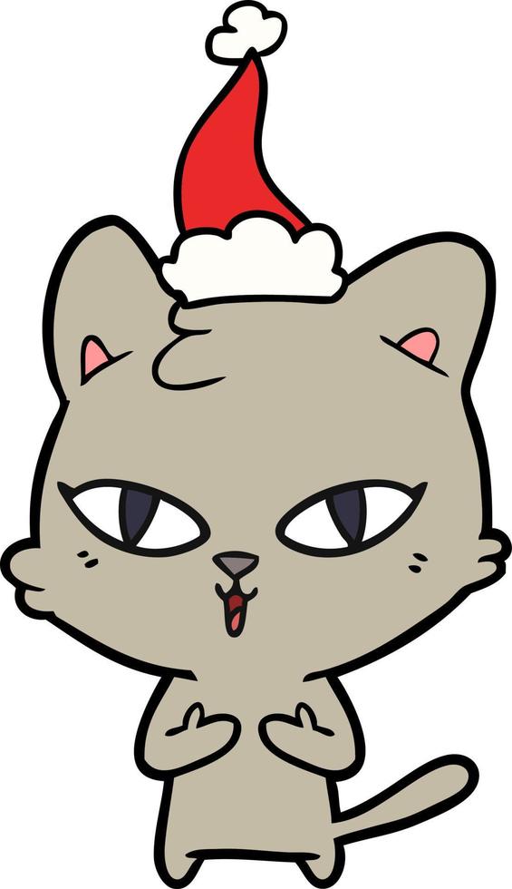 line drawing of a cat wearing santa hat vector