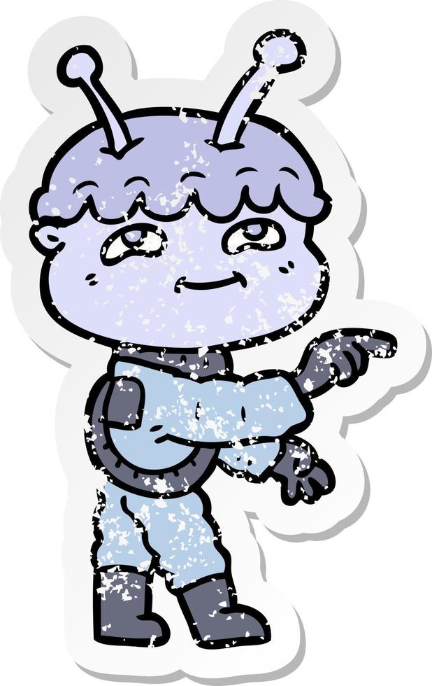 distressed sticker of a friendly cartoon spaceman pointing vector