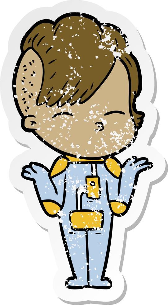 distressed sticker of a cartoon girl wearing futuristic clothes vector