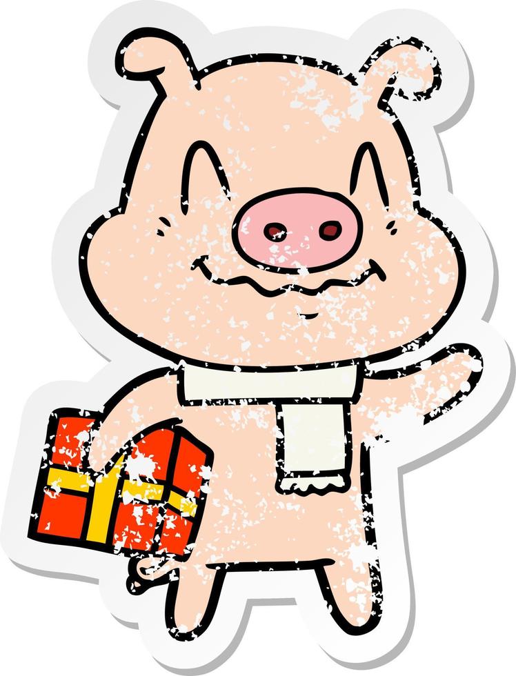 distressed sticker of a nervous cartoon pig with present vector