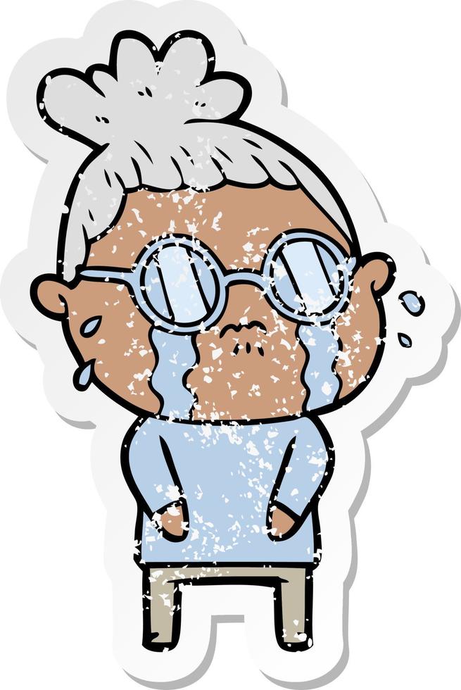 distressed sticker of a cartoon crying woman wearing spectacles vector