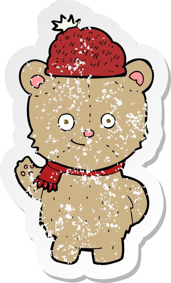 retro distressed sticker of a cartoon bear in hat vector