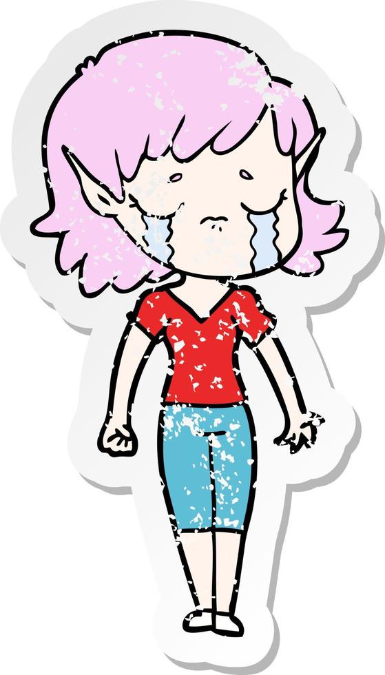 distressed sticker of a crying cartoon elf girl vector