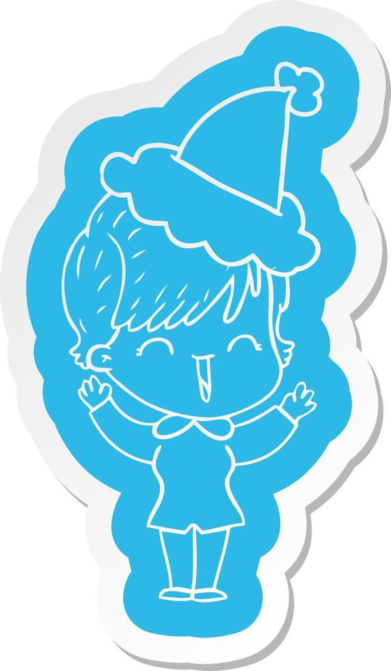 cartoon  sticker of a laughing woman wearing santa hat vector