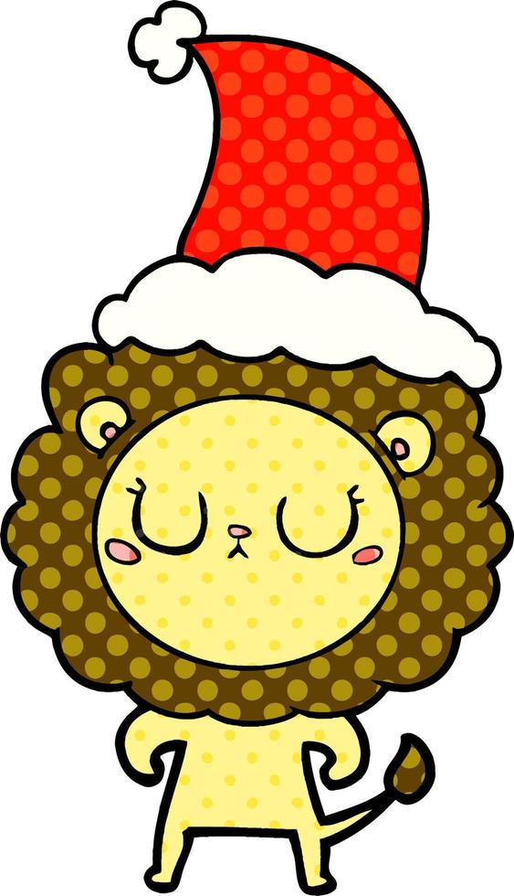 comic book style illustration of a lion wearing santa hat vector