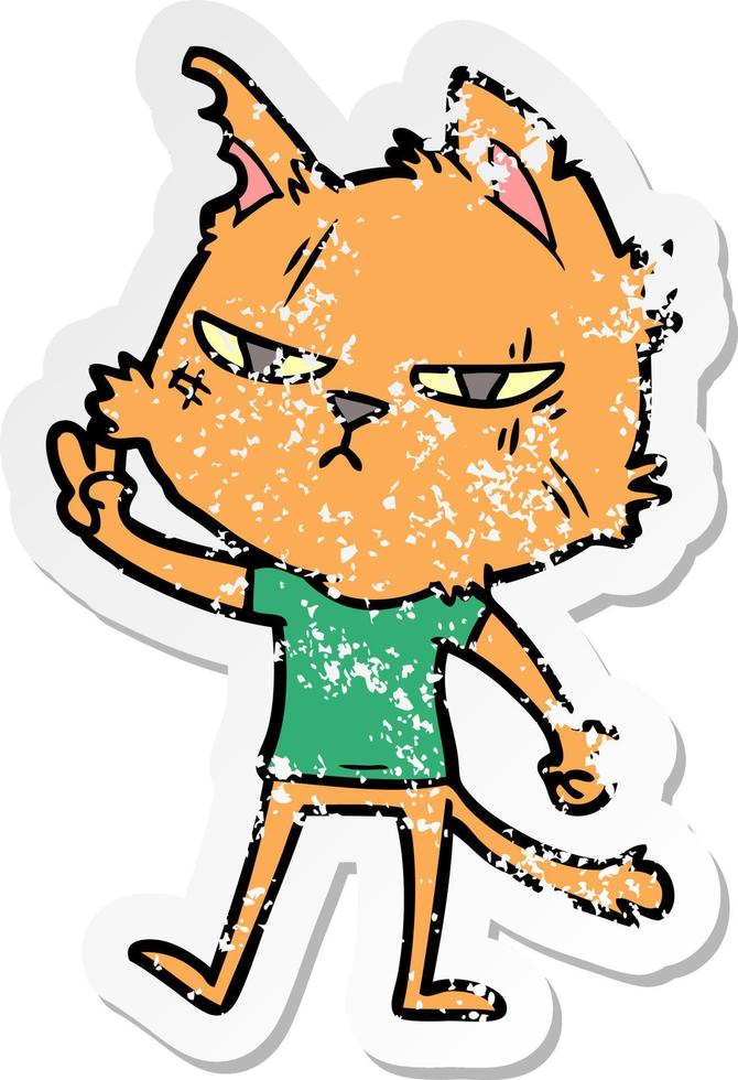 distressed sticker of a tough cartoon cat giving victory sign vector