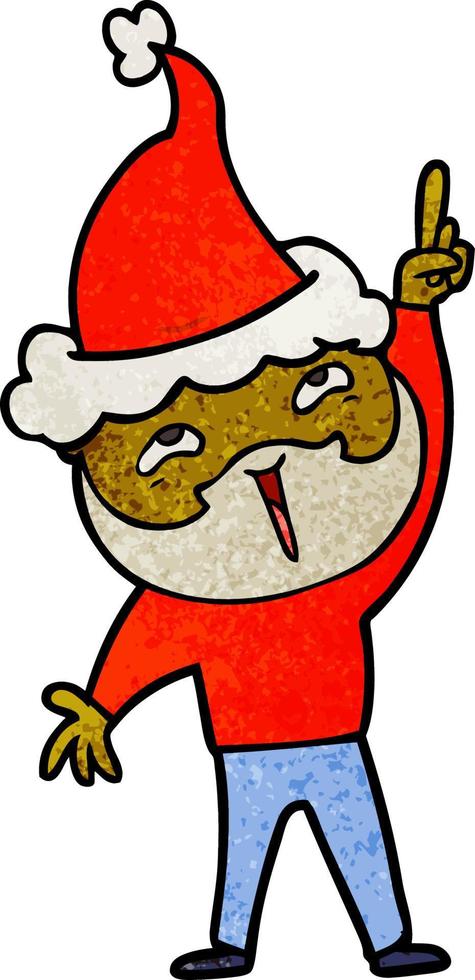 textured cartoon of a happy bearded man wearing santa hat vector
