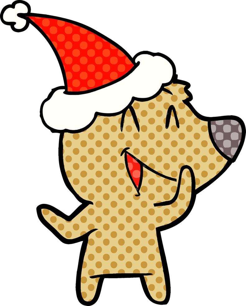 Ilustración de estilo de cómic de oso riendo de un sombrero de Papá Noel que lleva puesto vector