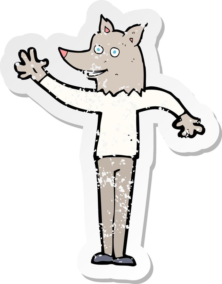retro distressed sticker of a cartoon waving wolf man vector