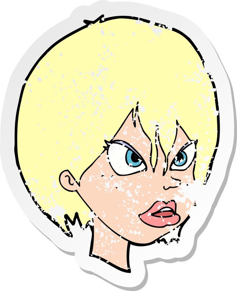 retro distressed sticker of a cartoon annoyed woman vector
