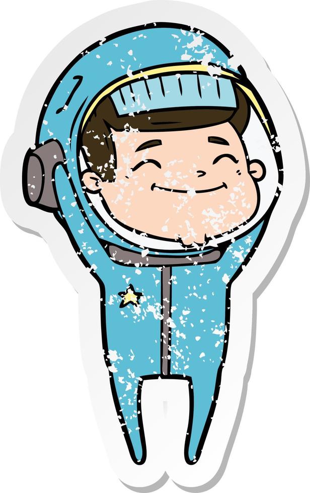 distressed sticker of a happy cartoon astronaut vector