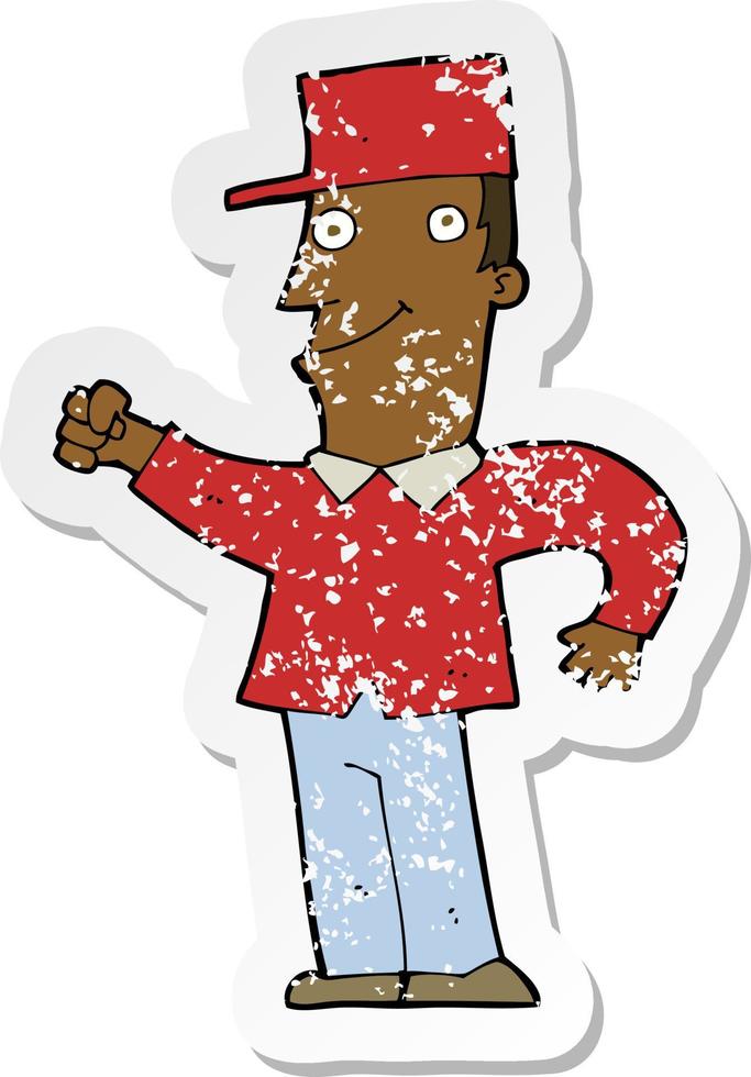 retro distressed sticker of a cartoon man punching air vector