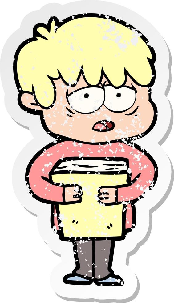 distressed sticker of a cartoon exhausted boy holding book vector