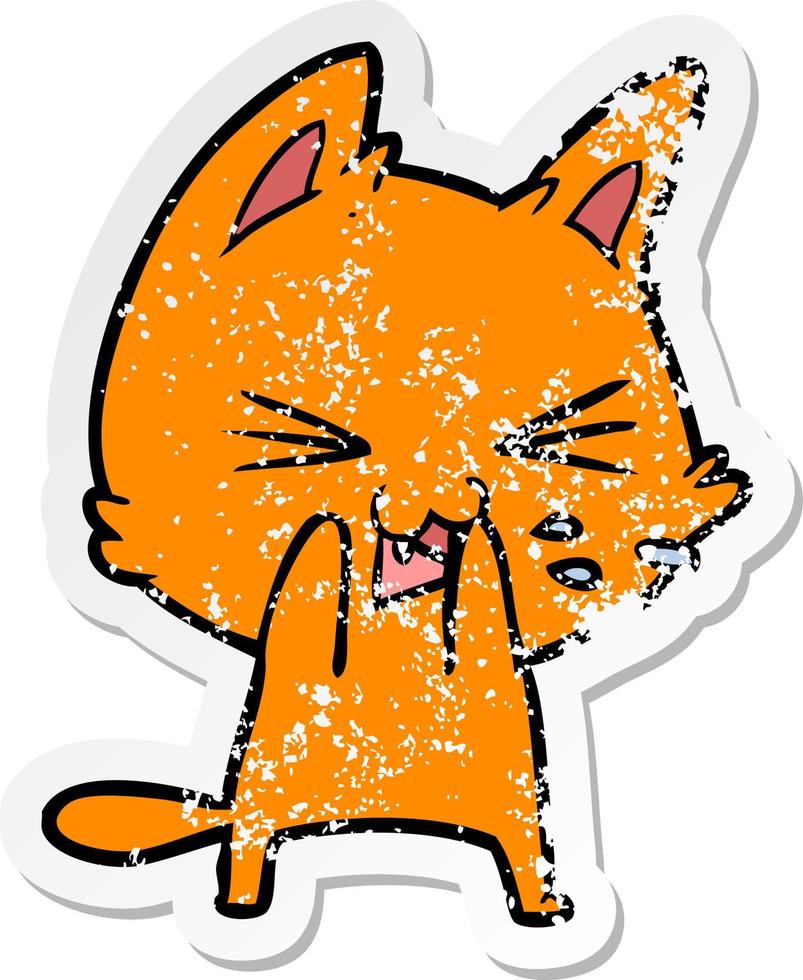 distressed sticker of a cartoon cat hissing vector