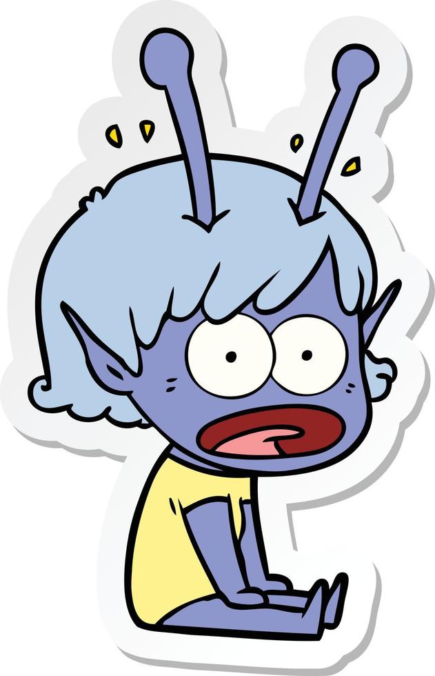 sticker of a cartoon shocked alien girl vector