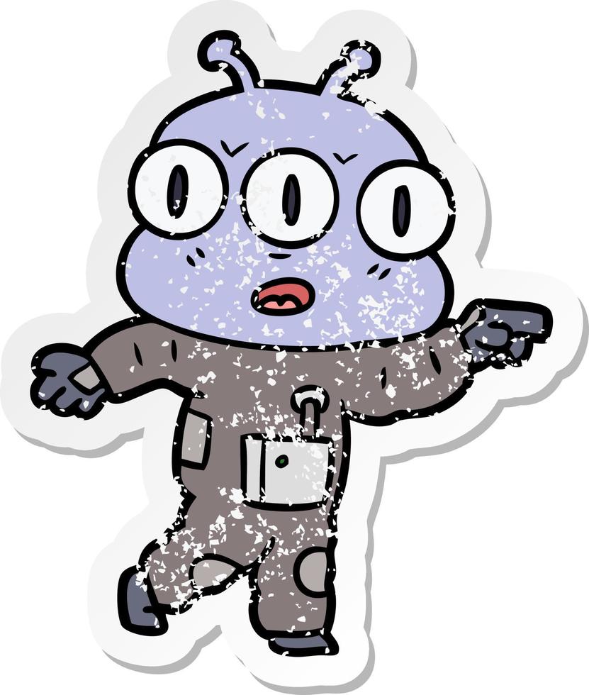 distressed sticker of a cartoon three eyed alien pointing vector