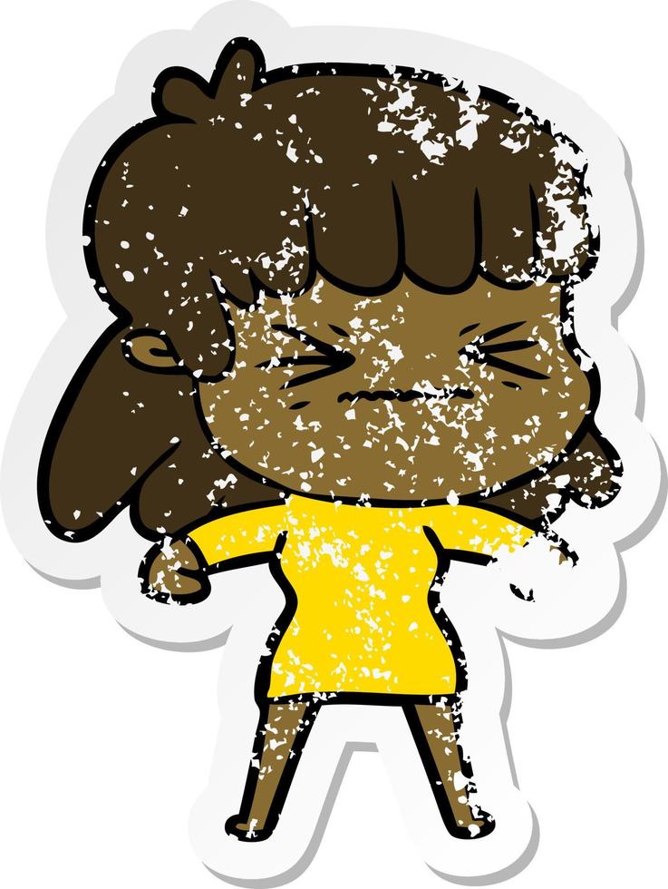 distressed sticker of a cartoon angry girl vector