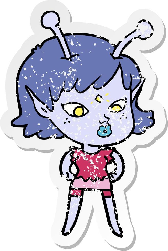 distressed sticker of a pretty cartoon alien girl vector