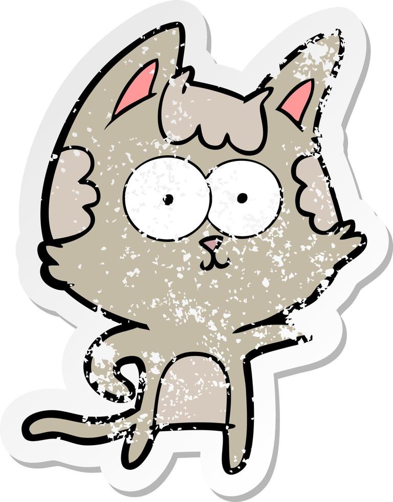 distressed sticker of a happy cartoon cat pointing vector