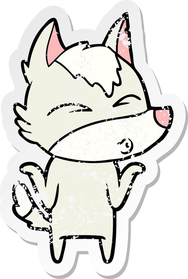 distressed sticker of a cartoon wolf shrugging shoulders vector