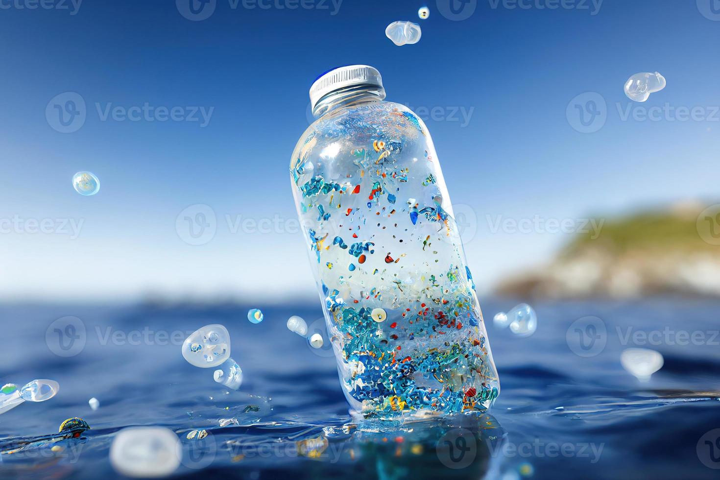 Problem plastic bottles and microplastics floating in the ocean. photo