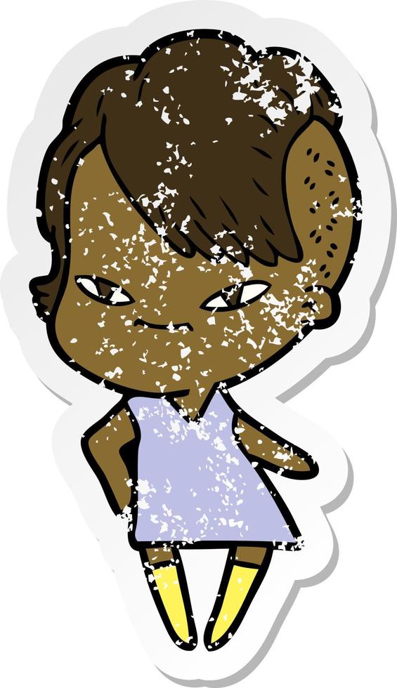 distressed sticker of a cute cartoon girl with hipster haircut vector