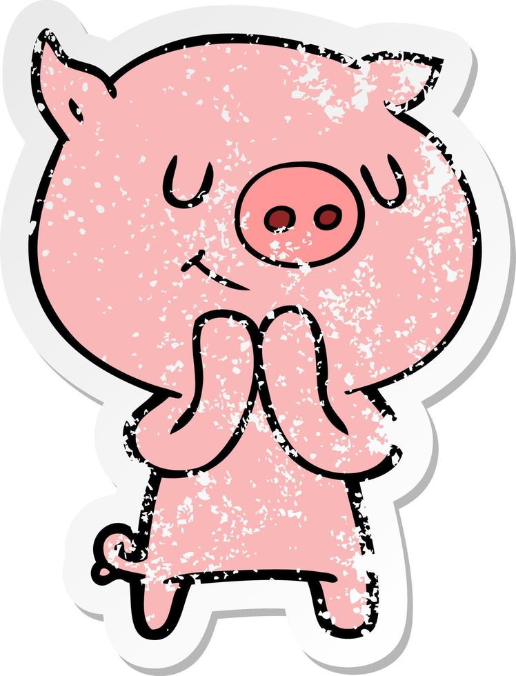 distressed sticker of a happy cartoon pig vector