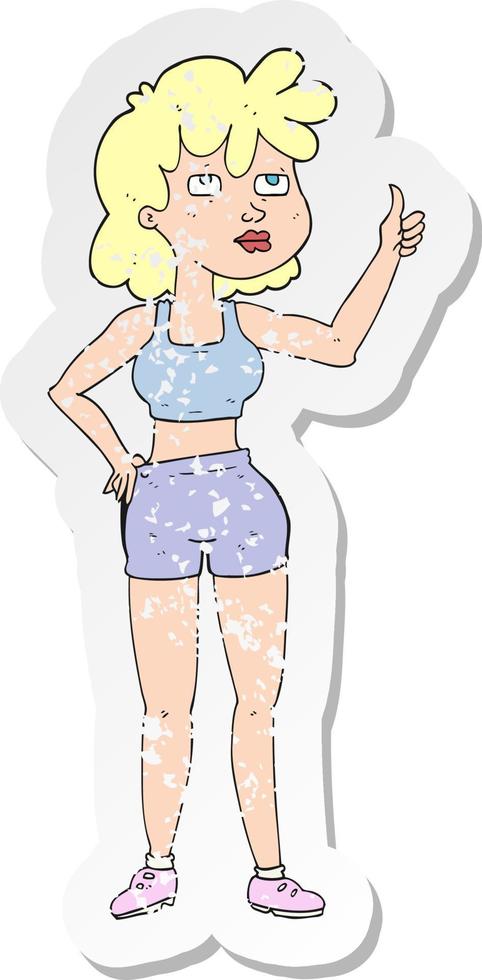 retro distressed sticker of a cartoon gym woman vector