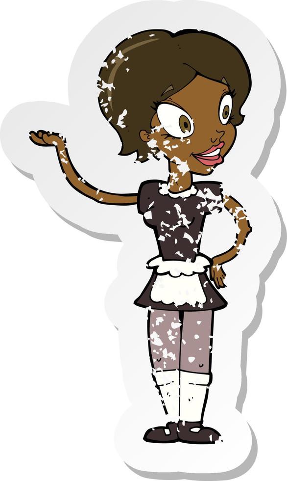 retro distressed sticker of a cartoon woman in maid costume vector
