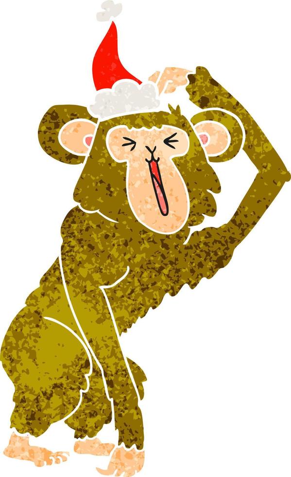 retro cartoon of a chimp scratching head wearing santa hat vector