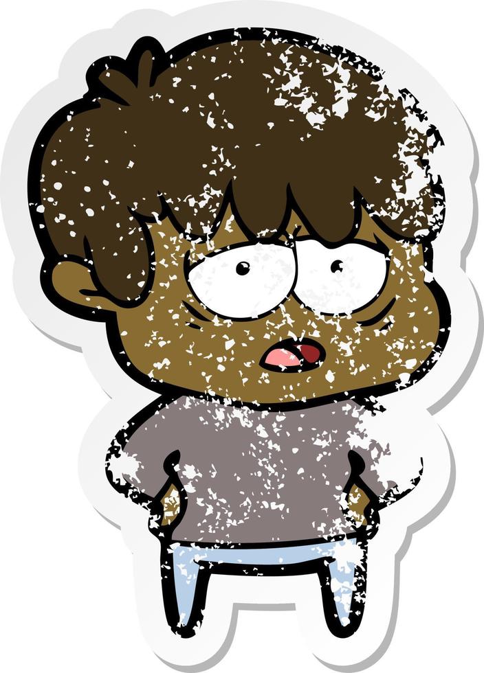 distressed sticker of a cartoon exhausted boy vector