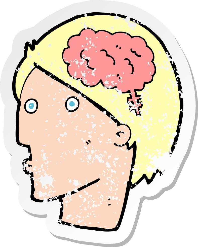 retro distressed sticker of a cartoon man with brain symbol vector