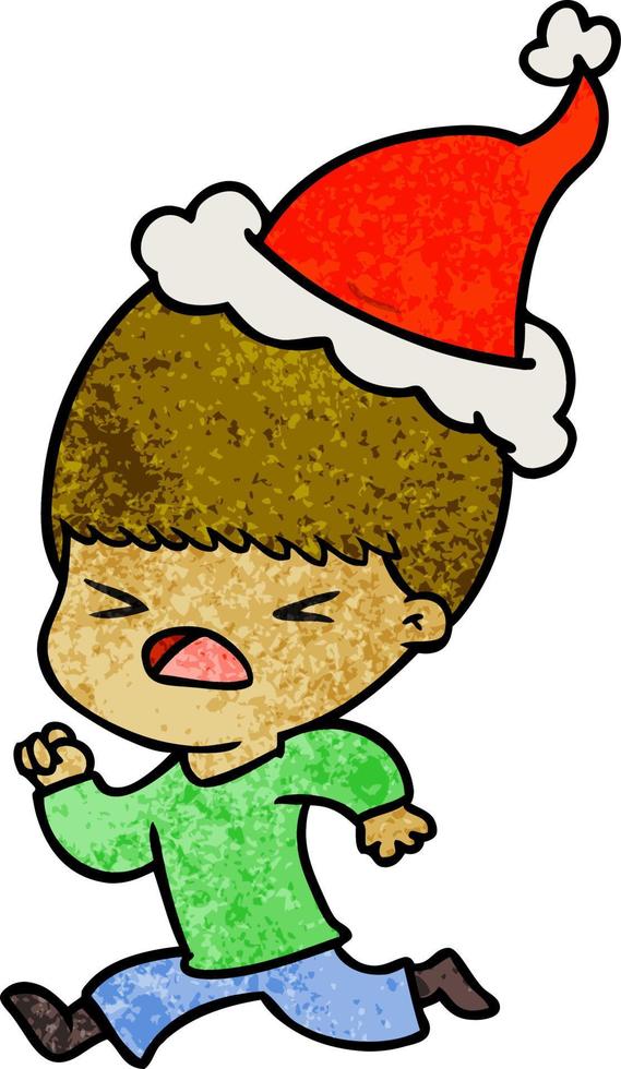 textured cartoon of a stressed man wearing santa hat vector