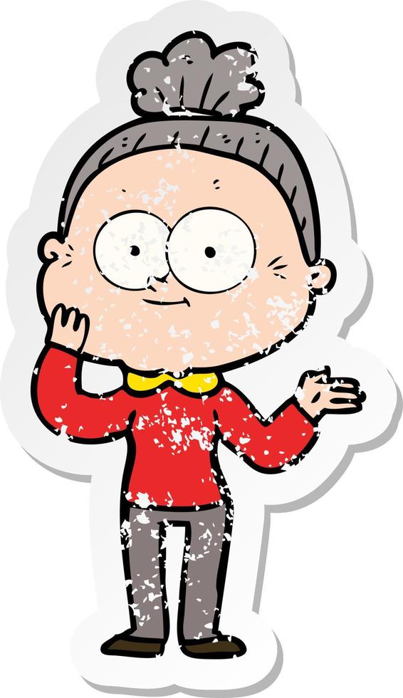 distressed sticker of a cartoon happy old woman vector