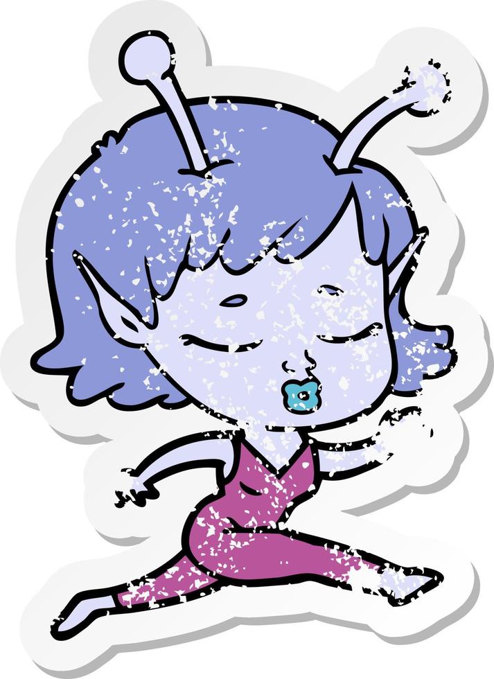 distressed sticker of a cute alien girl cartoon vector