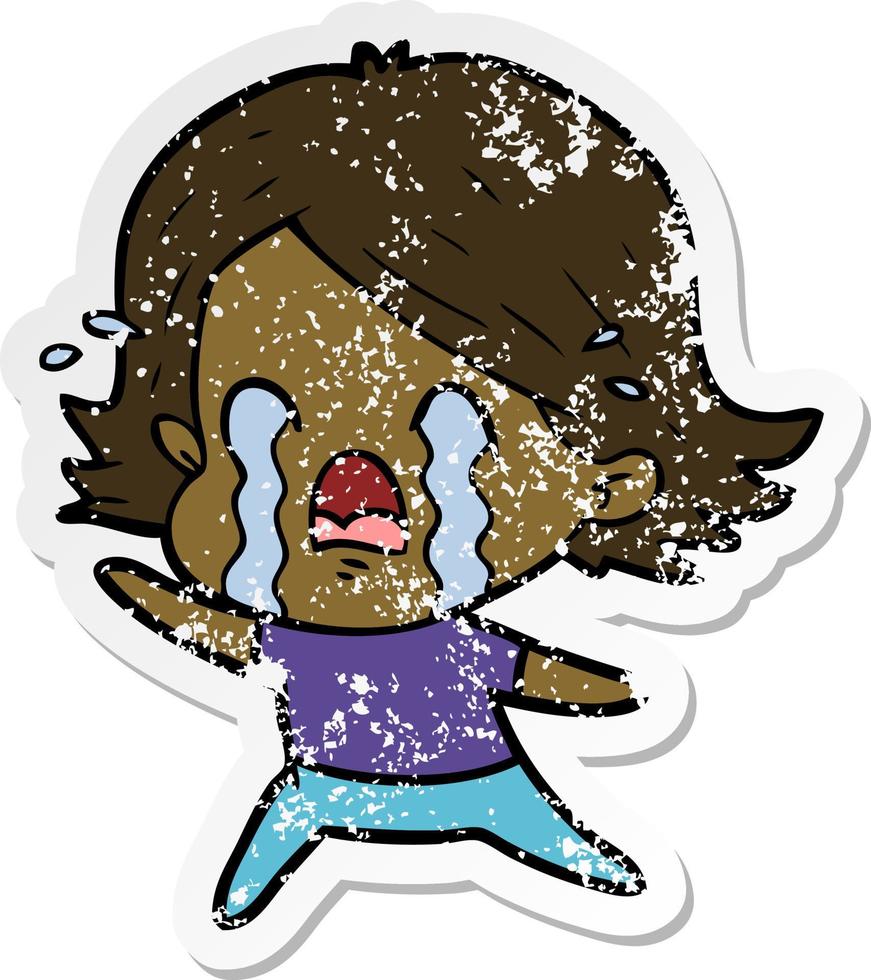 distressed sticker of a cartoon woman crying vector