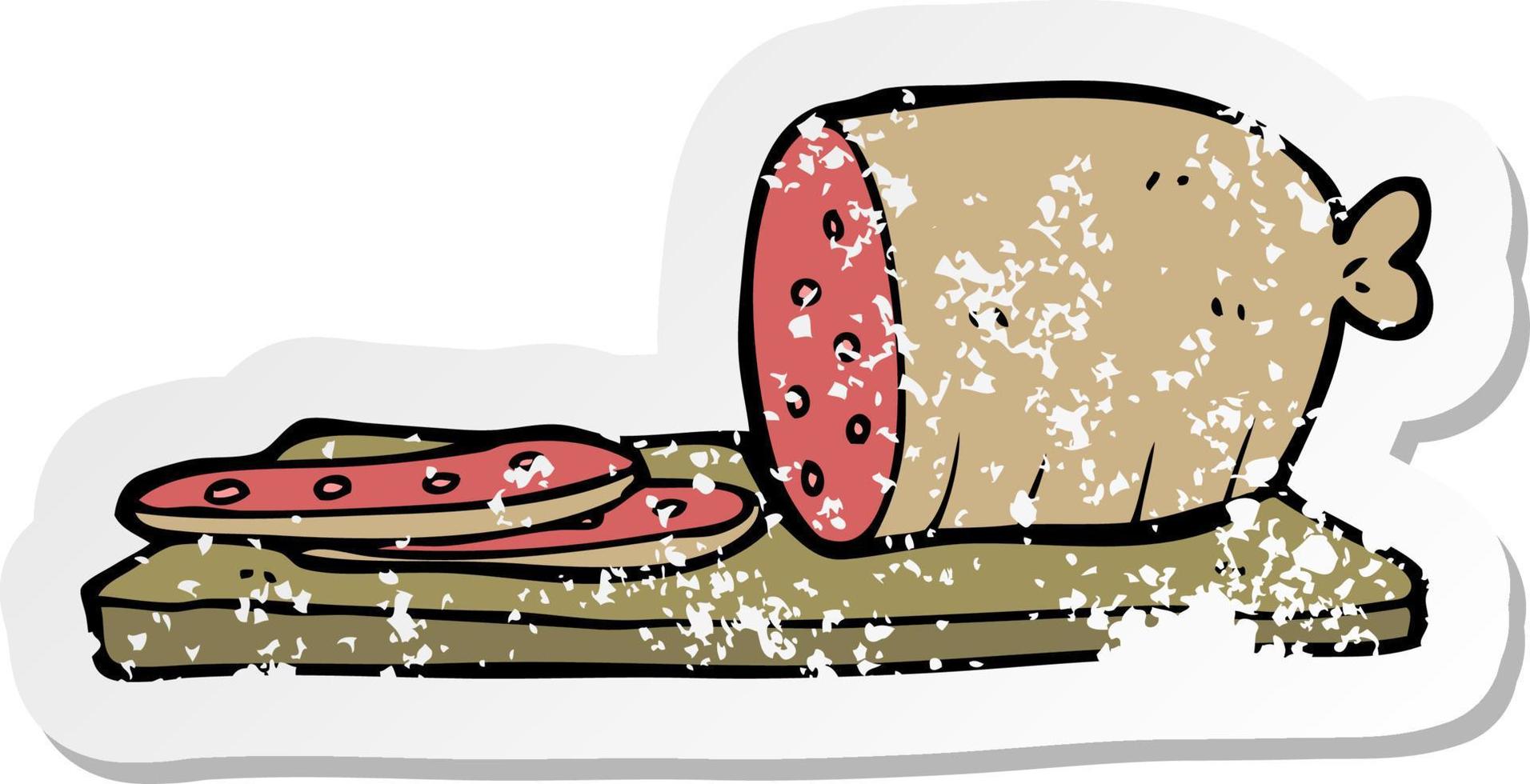 retro distressed sticker of a cartoon sliced sausage vector