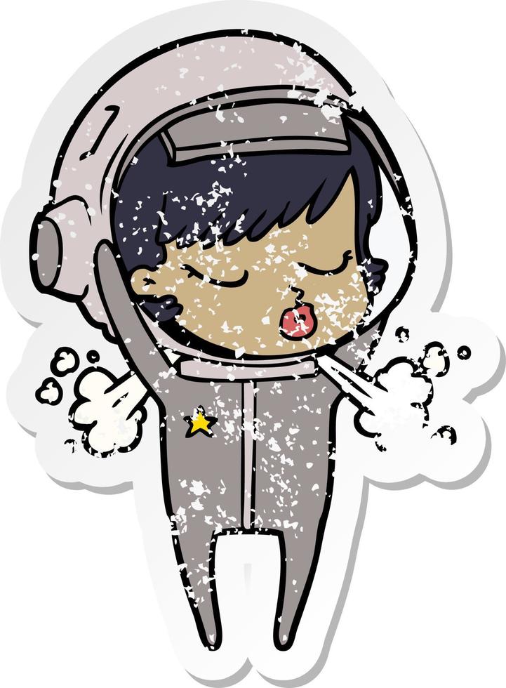pegatina angustiada de una linda astronauta de dibujos animados quitándose el casco vector