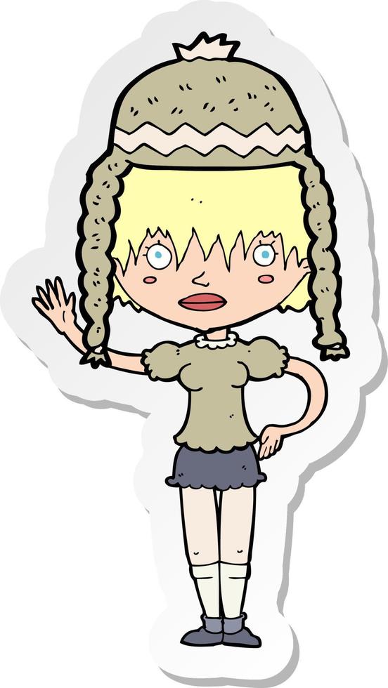 sticker of a cartoon woman wearing winter hat vector
